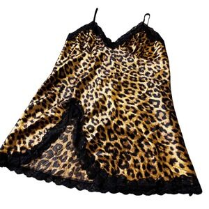Y2K style Leopard Animal Print Satin Black Lace Trim Mini Dress Nightie XL